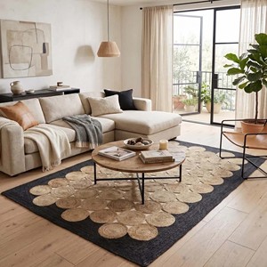 Tapis rectangulaire en jute marron beige à bord festonné, tissé à la main, naturel, style bohème, pour salon, chambre, ou comme tapis de sol. - Product Image 5