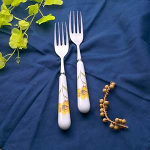 Ceramic & Steel Sunray Floral <b>Forks</b> (Set of 2) Kids Friendly Stainless Steel Handle for Dinner Fruit Food in Restaurant Use - Product Image 6