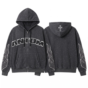 Custom Y2k Boxy <b>Oversized</b> Heavyweight French Terry Zip up Acid Wash Vintage Rhinestone Distressed Embroidery Patch <b>Hoodies</b> Men - Product Image 1