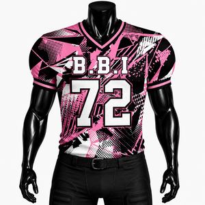 Uniforme de Fútbol Americano Sublimado Personalizado Directo de Fábrica, 100% Poliéster Malla Rosa, Negro y Blanco, Jersey Deportivo con Tela Tackle Twill - Product Image 1