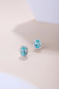 Classic 925 <b>Silver</b> <b>Stud</b> Earrings With Oval Blue Topaz And Diamond Halo For Women Everyday Wear - Product Image 3