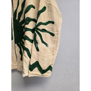 Hand Embroidered <b>Mandarin</b> <b>Collar</b> <b>Jacket</b> Full Sleeve Geometric Pattern Autumn Women's Coat Cream Green Sun Design - Product Image 5