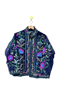 Veste bomber en velours faite à la main pour femmes, broderie florale, style bohème ethnique, épaisse, automne/hiver, longue, rembourrée en coton - Product Image 1