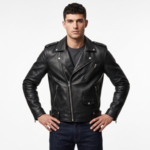 Dumela Men's Black Genuine Leather Canvas Motorcycle Jacket <b>Slim</b> Fit Stand Collar Zipper Closure <b>Belted</b> Design Solid Color - Product Image 4