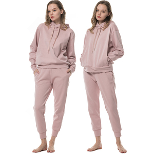 Ensemble de survêtement rose à capuche 2 pièces pour femme, coupe ample, manches longues, en molleton, couleur unie, longueur cheville - Product Image 1