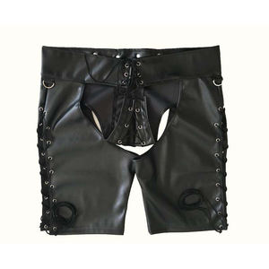 <b>Men's</b> Black Sexy Tight Pu Leather Shorts Solid Pattern Casual Faux Front Bandage Drawstring Closure High Waist Eco-Friendly - Product Image 5