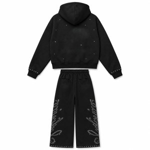 Ensemble de survêtement personnalisé noir à strass pour femme, sweat à capuche court et pantalon large, deux pièces scintillantes - Product Image 1