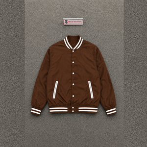 WHOLESALE BROWN VARSITY BOMBER <b>JACKET</b> <b>MEN</b> HORN BUTTON CASUAL STREETWEAR <b>LIGHTWEIGHT</b> FASHION OUTERWEAR CUSTOMIZED Polyester - Product Image 5