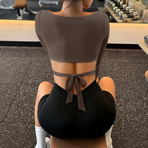 Women Seamless Brown Long Sleeve Yoga Top Square Neck Cut-Out Solid <b>Color</b> Activewear Full Sleeve Breathable Fitness <b>Shirt</b> - Product Image 4