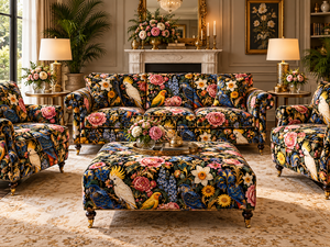 Tissu d'ameublement tissé léger et respirant PRANIKA INTERNATIONAL à imprimé floral sombre et oiseaux tropicaux pour canapé et chaise - Product Image 2