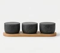 Élégants pots à sel et à sucre en marbre avec plateau en bois, aspect pierre noire ronde, conteneur de rangement de cuisine fait main, design durable