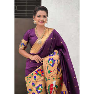 Sari en soie Paithani avec bordure large Zari tissée, concept vin et demi-couleur, vêtement indien/pakistanais, 700g Elite Weaves - Product Image 1