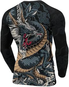 เสื้อรัดรูปแขนยาวสำหรับผู้ชาย พิมพ์ลายเต็มตัว ลายมังกรและเสือ แห้งเร็ว สีดำแดง - Product Image 3
