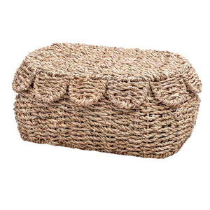 Paniers de rangement vintage en jonc de mer avec couvercles, boîtes organisatrices tressées naturelles à bords festonnés, écologiques - Product Image 1