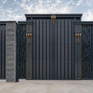 Modern Black Metal <b>Sliding</b> Gate Gold Accent Vertical Slat Geometric Security Entrance Gate for Villa Home Luxury Design - Product Image 1