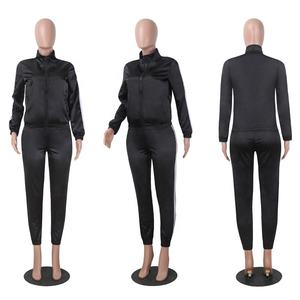 Survêtement décontracté pour femmes, 2 pièces, haut et pantalon, en Satin, à rayures latérales, Patchwork, fermeture éclair, sweat-shirt, tenue de Fitness, collection 2020 - Product Image 1