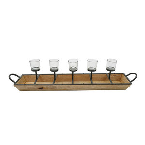 Support de table rustique en bois avec 5 bougeoirs en verre et cadre métallique, centre de table pour salle à manger, décoration d'intérieur - Product Image 1