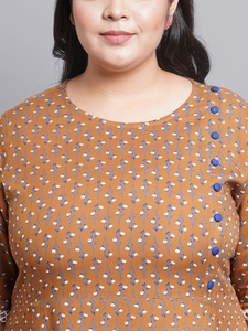 Kurti en rayonne marron à imprimé floral pour femme, coupe trapèze, avec manches cloche et col rond, pour grandes tailles, tenue décontractée quotidienne - Product Image 5