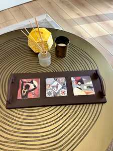 Plateau de service rectangulaire en bois UO Modern Art, base émaillée, design géométrique rustique, décoratif, avec poignée, artisanal - Product Image 4