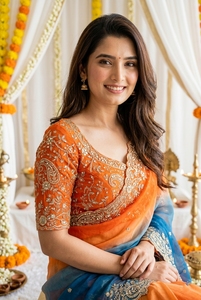 Sari de Seda Bordado en Azul y Naranja de AARA Fashion para Mujer, Estilo Tradicional Indio/Pakistaní para Bodas, Largo hasta el Suelo, Corte Regular - Product Image 4