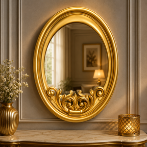 Espejo de Pared Clásico con Triple Arco de Madera Tallada, Acabado Dorado Antiguo, Hecho a Mano, Espejo Decorativo de Lujo - Product Image 4