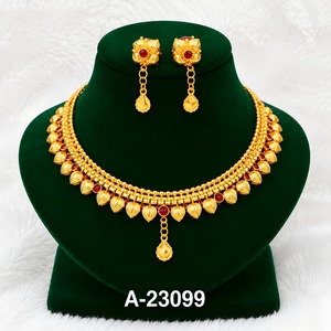 Gold Plated <b>Necklace</b> and Earrings Set with <b>Ruby</b> Stones Flower Design Statement Jewelry for Women Wedding Party Wear A-23099 - Product Image 1