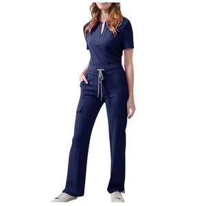 Ensemble d'uniformes d'infirmière OEM pour femmes : Haut de travail moderne à col en V et pantalon cargo ajusté avec cordon de serrage, style yoga - Product Image 4