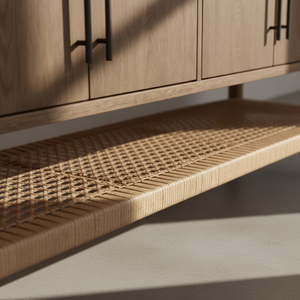 Buffet en bois tressé naturel à 4 portes avec étagère en rotin, meuble de rangement moderne en bois et tissu tressé, pieds ronds - Product Image 4