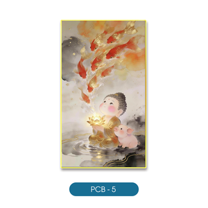 Arte de Pared de Vidrio Templado con Diseño de Buda en Acuarela, Marca HALO, Último Diseño, Pez Dorado y Loto, PCB-5, Marco Personalizado, Decoración Moderna para Interiores - Product Image 1