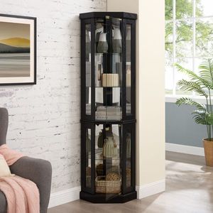 Vetrina per Oggetti d'Arte Antichi da Soggiorno, Elegante Vetrinetta Angolare Illuminata con Bar per Vini e Vano Portabicchieri, Assemblata - Product Image 3