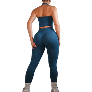 Women's 2 Piece Yoga Set Solid Color High Waist <b>Seamless</b> <b>Leggings</b> With Halter Crop Top Full Length Spandex Polyester Activewear - Product Image 4