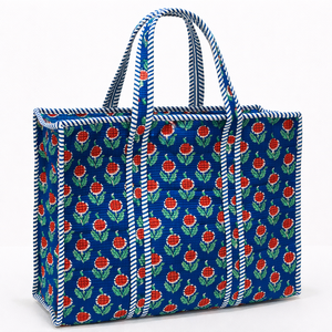 Bolsa de Mano de Algodón con Estampado Floral Azul Rey y Rojo para Mujer, Elegante, Étnica, para Compras, Viajes, Oficina, Bolsa de Hombro - Product Image 1