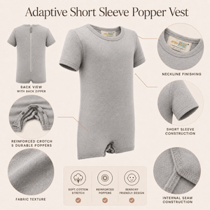 Gilet gris confortable avec fermeture éclair |   Vêtements sensoriels spéciaux pour enfants, vêtements inclusifs, combinaison en coton extensible à manches courtes, ajustement doux et adaptatif - Product Image 3