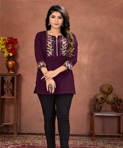 MODERN RINKAL COTTON EMBROIDERY WORK ONLY <b>TOP</b> DAILY WEAR WHOLESALE PRICE ETHNIC GARMENT WINE - Product Image 1