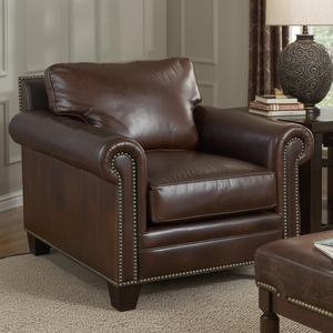 High End Genuine Cow Leather <b>Arm</b> <b>Chair</b> Classic Upholstered Single Sofa Rolled <b>Arm</b> Nailhead Trim for Living Room Hotel Use - Product Image 1