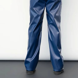 MORTAL SAGA Men's Blue Wide Leg Leather Canvas <b>Trousers</b> <b>Elastic</b> <b>Waist</b> Side Stripe Formal Anti-Wrinkle Midweight Winter Wear - Product Image 5