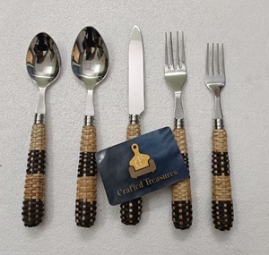 Creative Design Rattan woven Handle Flateware <b>Set</b> 18/<b>8</b> Stainless Steel 5-Piece <b>Set</b> Mirror Polish Durable Eco-Friendly Utensil - Product Image 3