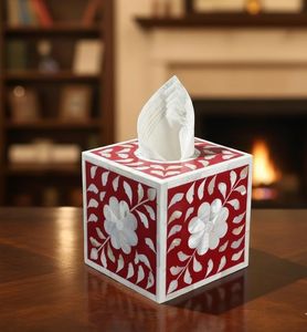 Vintage Pink Floral Inlay Resin & Bone <b>Tissue</b> <b>Box</b> <b>Holder</b> Handmade Multi-Purpose Decorative <b>Box</b> with Leaf Pattern Design - Product Image 4