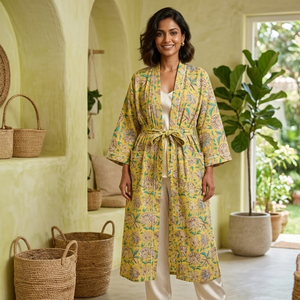 Kimono artisanal en coton jaune à motifs floraux |   Robe de chambre à manches longues et col en V pour femme |   Robe de luxe en pur coton, un chef-d'œuvre, idéale pour un cadeau - Product Image 2