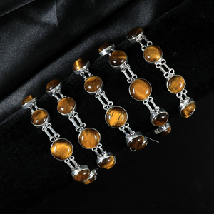 Wholesale Handmade 925 Sterling Silver Plated Natural Tiger Eye Gemstone Multi-<b>Stone</b> Bezel Link <b>Bracelet</b> Opaque <b>Stone</b> Jewelry - Product Image 1