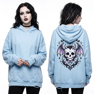 Sweat à capuche bleu clair vieilli personnalisé, ourlet déchiré, motif crâne et chauve-souris style Pastel Goth, coupe oversize, en polaire de haute qualité - Product Image 1