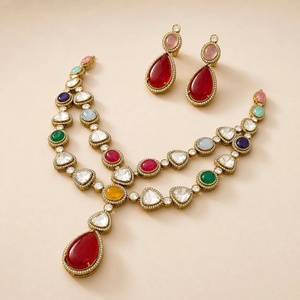 Vintage Gold Plated Brass Imitation Jewelry Set with Ruby Pink Stones for Indian Bridal Wedding <b>Statement</b> <b>Necklace</b> - Product Image 2