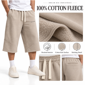 Shorts en molleton de coton 3/4 pour homme, taille élastique avec cordon de serrage, beige, coupe ample, poches latérales, streetwear décontracté, marque privée - Product Image 4