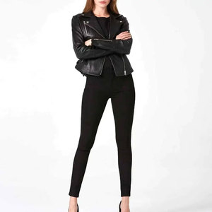 Blouson moto en cuir véritable pour femme, noir, manches longues, fermeture éclair, col montant, style automne, avec rivets - Product Image 3