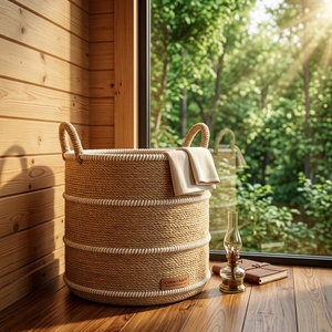 Natural Fiber Storage <b>Baskets</b> Striped Woven Bin Handcrafted Laundry <b>Hamper</b> Balinese Artisan Round Cord Organizer Rustic Home - Product Image 2