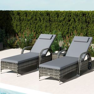 "Patio Wicker Chaise Lounge Chair Set of 2 with <b>Table</b> Adjustable Backrest Wheels Cushion & Headrest Gray" - Product Image 2