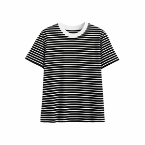 T-shirt rayé noir et blanc, col rond, manches courtes, décontracté, été, doux, respirant, streetwear, 100% coton - Product Image 1
