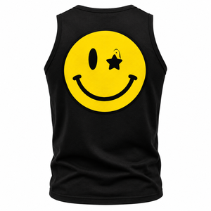 Débardeur noir pour homme Cosh International avec visage jaune brillant sur l'arrière du débardeur - Product Image 3