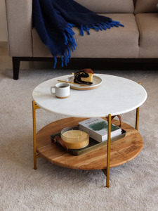 Modern <b>Round</b> <b>Coffee</b> <b>Table</b> Marble Top Metal Frame <b>Wooden</b> Shelf Storage Living Room Furniture Midcentury Design - Product Image 5