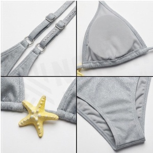Women's Gray Metallic Luster <b>Bikini</b> <b>Set</b> Halter Neck <b>Triangle</b> Top With Starfish Decoration Hipster Bottoms 2 Piece Swimwear - Product Image 4